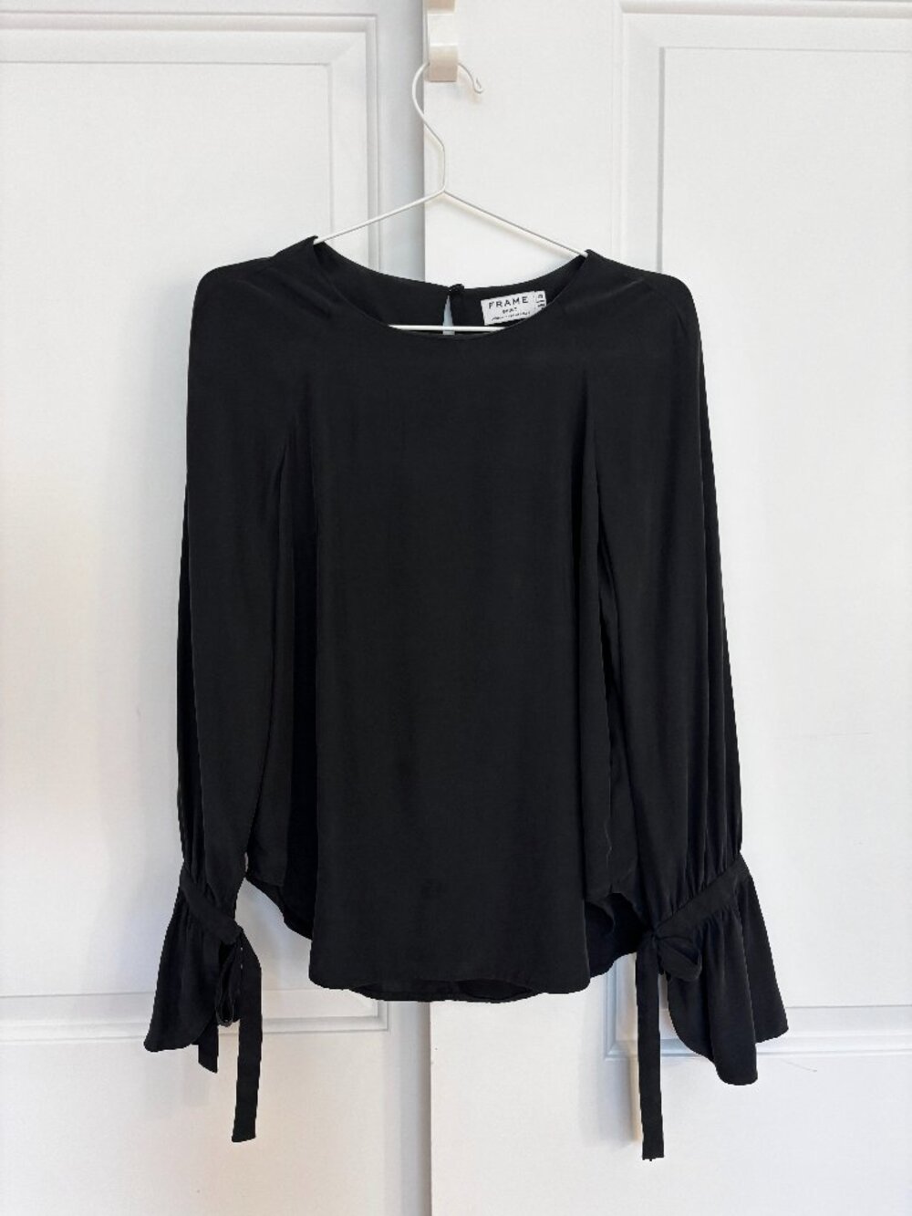 FRAME Black Silk Blouse Bishop Sleeve Keyhole Back Ruffle Cuff XS